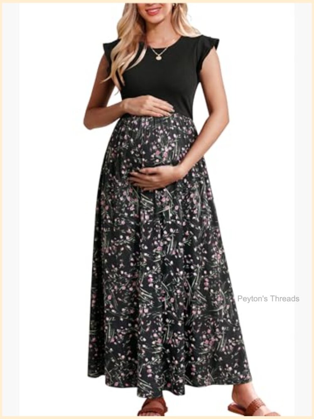 Maternity Maxi Dress with Pockets Ruffle Sleeve Casual Flowy - Picture 2 of 6